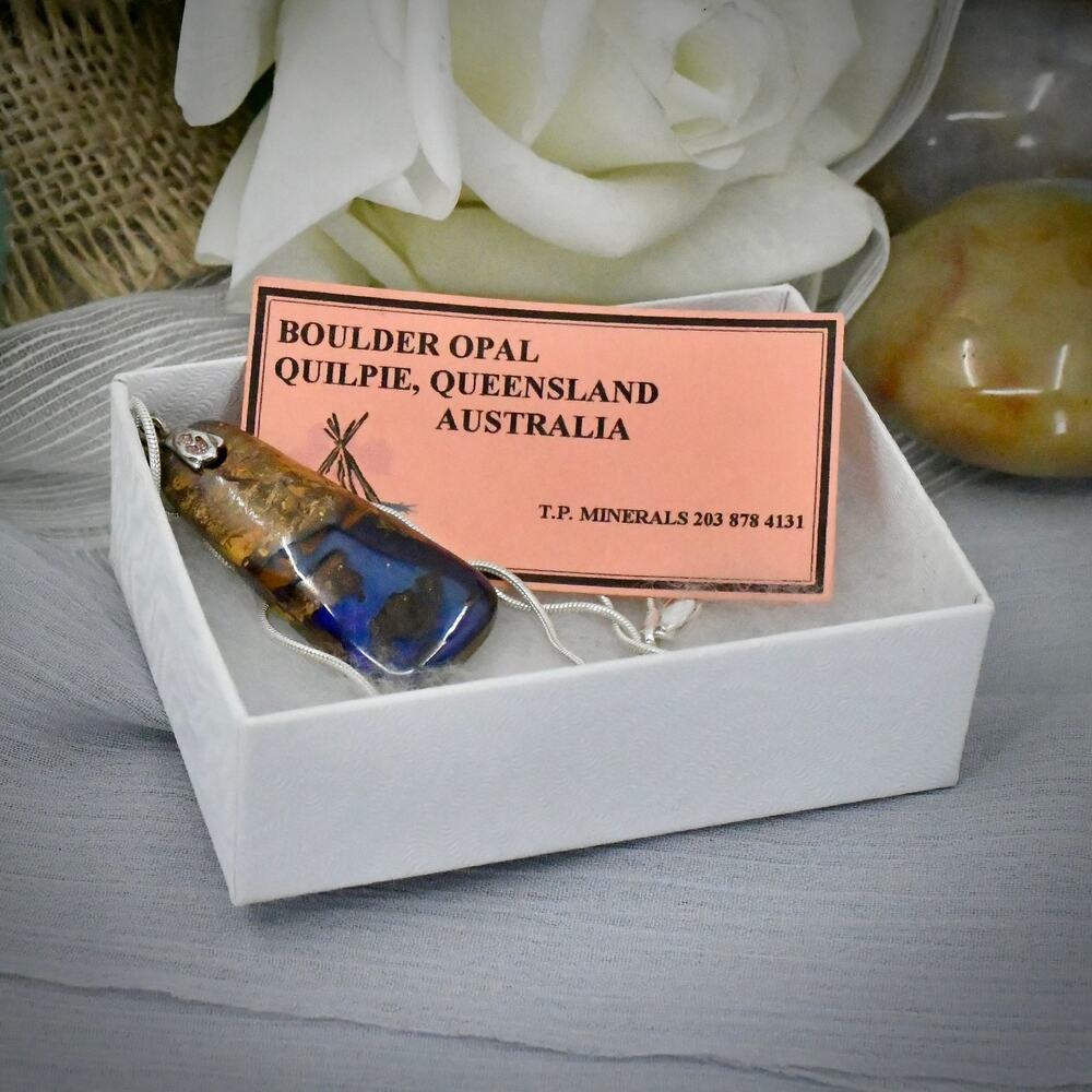 Natural Australian Boulder Opal Pendant Necklace 12g Quilpie Blue TP Minerals